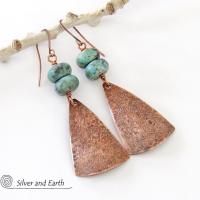Textured Copper Dangle Earrings with African Turquoise - Boho Chic Jewelry
