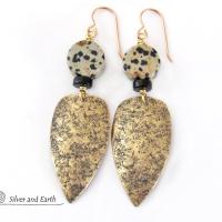 Gold Brass Tribal Shield Earrings with Dalmatian Jasper Stones