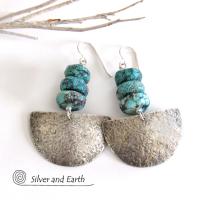 Sterling Silver Half Moon Earrings with Turquoise - Bold Earthy Silver Jewelry