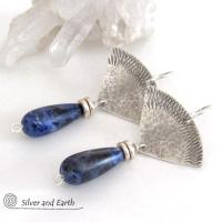 Textured Sterling Silver Earrings with Blue Sodalite Gemstones - Handcrafted Artisan Silversmith Jewelry