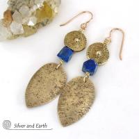 Tribal Spear Gold Brass Earrings with Faceted Blue Lapis Gemstones - Ancient Egyptian Style Jewelry 