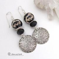 Sterling Silver Earrings with Black and White Tibetan Agate and Onyx Gemstones - Modern Boho Chic Jewelry