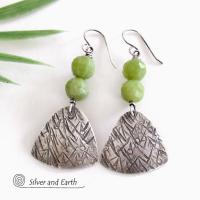 Textured Sterling Silver Earrings with Green Serpentine Faceted Gemstones - Artisan Handcrafted Earthy Modern Jewelry