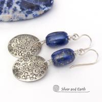Modern Sterling Silver Earrings with Unique Hand Stamped Texture and Blue Lapis Lazuli Gemstones