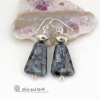 Larvikite Gemstone Earrings on Sterling Silver Wires - Black Labradorite Norwegian Moonstone Jewelry