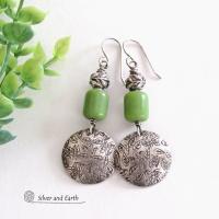 Hand Stamped Sterling Silver Leaf Earrings with Green Serpentine Stones - Unique Earthy Nature Jewelry Gifts for Women