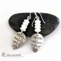 Small Sterling Silver Leaf Earrings with White Mother of Pearl - Modern Earthy Nature Jewelry Gifts for Women