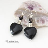Black Onyx Gemstone Heart Earrings on Sterling Silver Ear Wires - 7th Anniversary Gift for Wife - Mother's Day Jewelry Gift