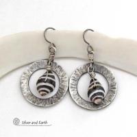 Silver Pewter Circle Hoop Earrings with Black and White Seashells - Artisan Handmade Earthy Natural Sea Shell Jewelry