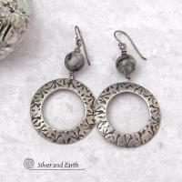 Big Round Silver Pewter Hoop Earrings with Larvikite Gemstones - Black Labradorite Norwegian Moonstone Jewelry