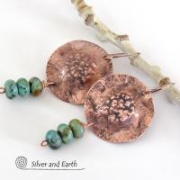 Rustic Copper Earrings with Earthy Organic Texture and Natural African Turquoise Stones