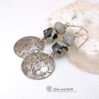 Rustic Hammered Sterling Silver Earrings with Black and Gray Jasper Stones