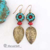 Bold Exotic Statement Earrings with Gold Brass and Tibetan Turquoise & Coral Colored Beads 