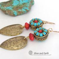 Bold Exotic Statement Earrings with Gold Brass and Tibetan Turquoise & Coral Colored Beads 