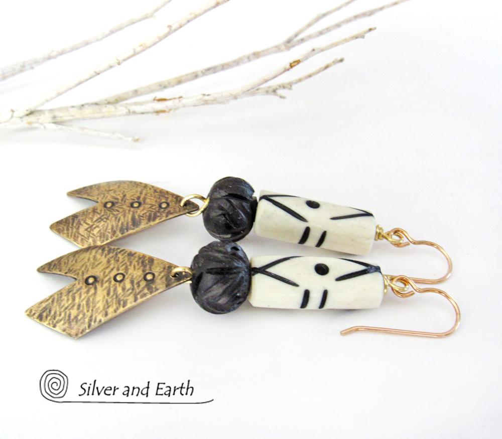 Brass Chevron Earrings with African Carved Bone - Boho African Tribal Jewelry