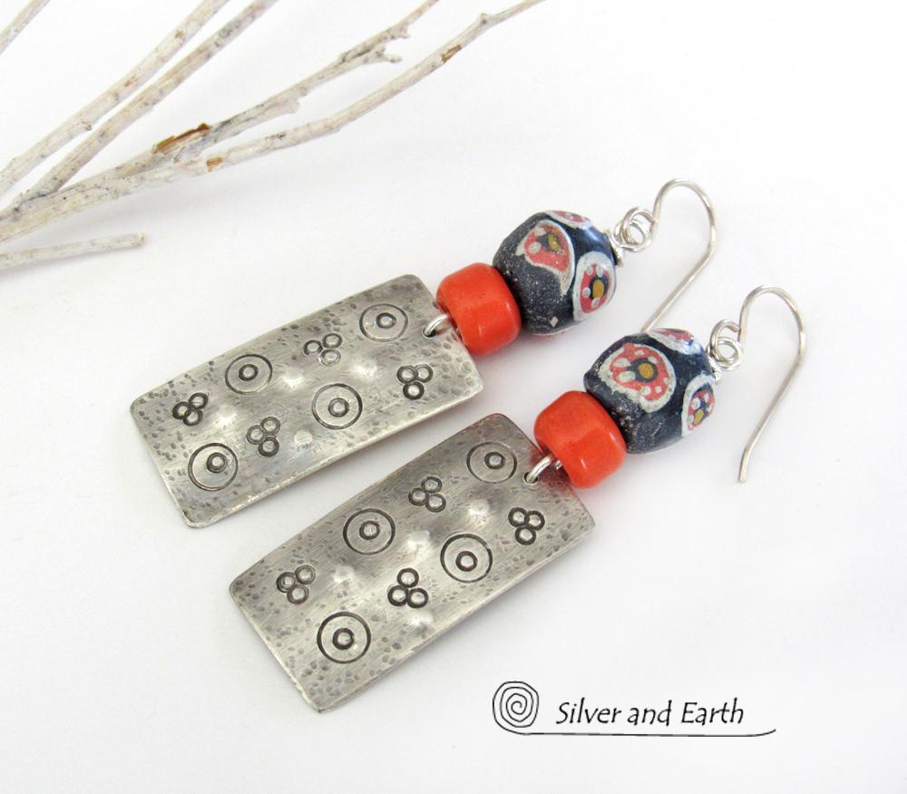 Sterling Silver Earrings with Colorful Hand Painted African Trade Beads