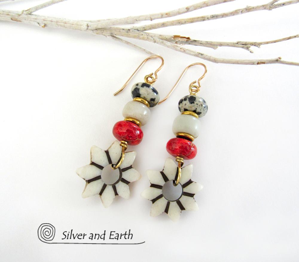 Flower Earrings with Carved African Bone, Red Coral and Dalmatian Jasper Stones
