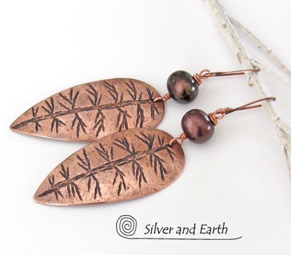 Copper Leaf Earrings with Bronze Pearls - Modern Nature Jewelry
