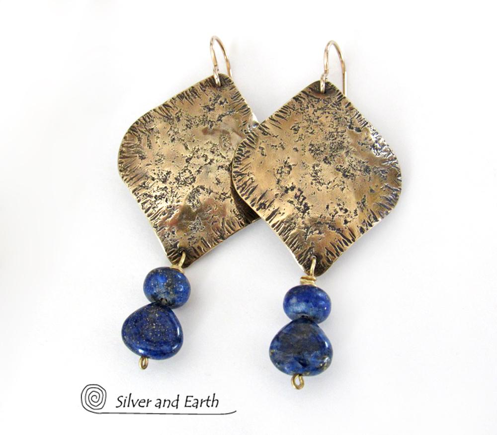 Gold Brass Earrings with Lapis Lazuli Gemstones - Bold Exotic Moroccan Jewelry