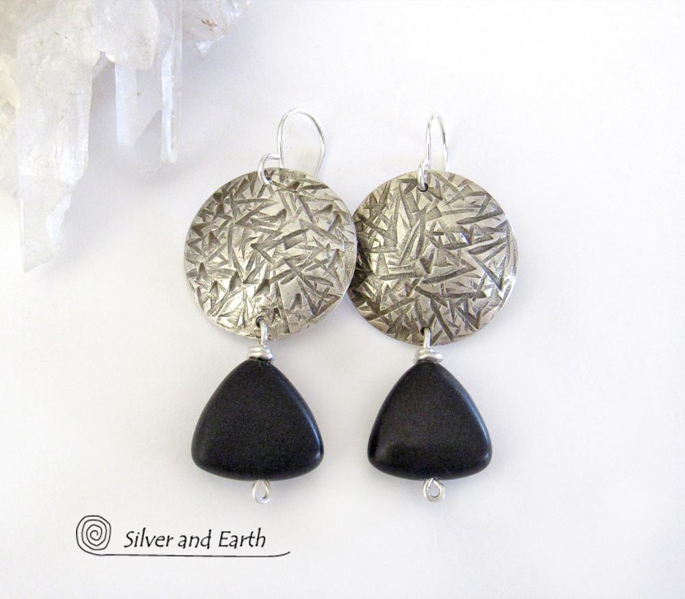 Sterling Silver Earrings with Matte Black Onyx Gemstones - Modern Chic Jewelry