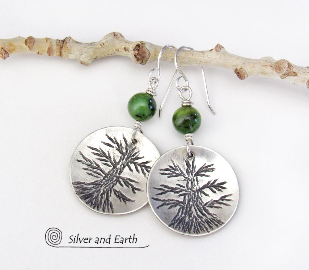 Sterling Silver Tree Earrings with Green Jade - Tree of Life Nature Jewelry