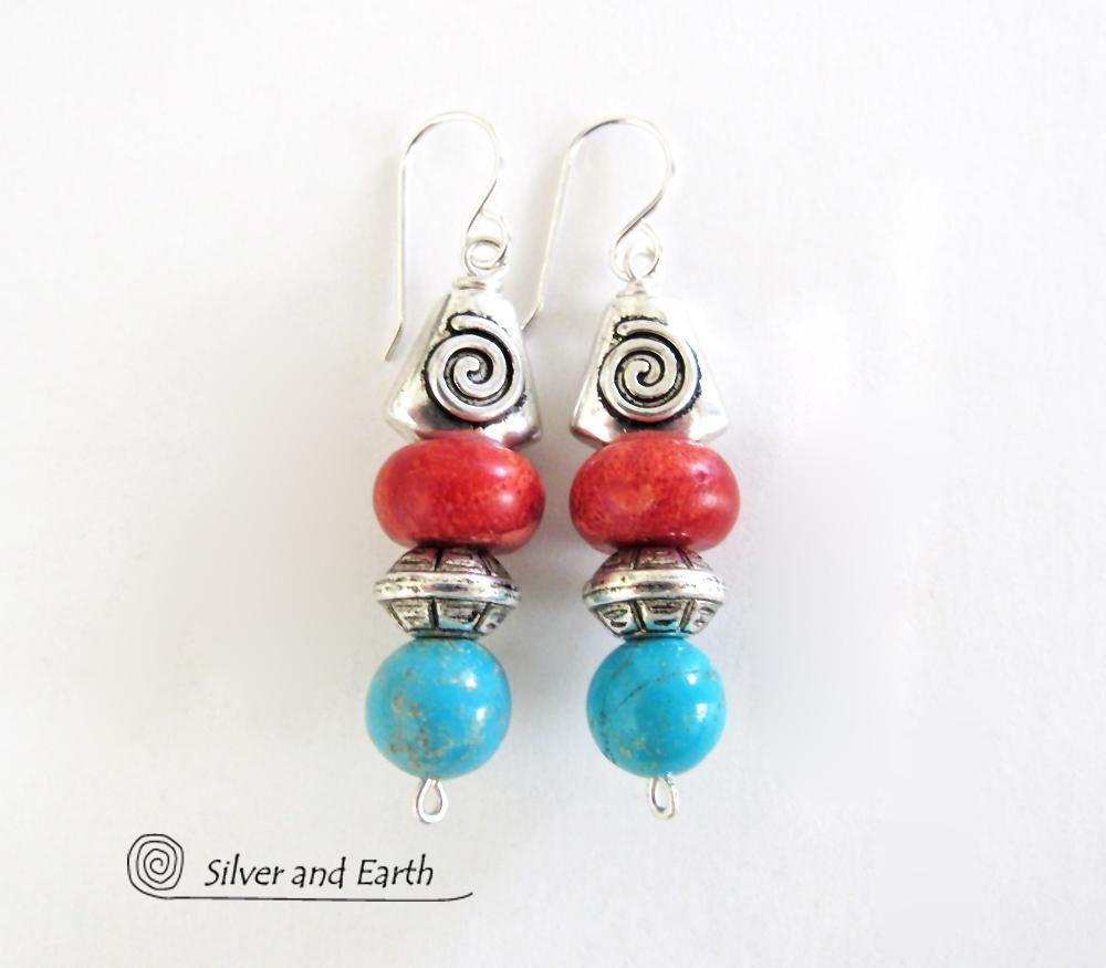 Turquoise & Coral Earrings with Spiral Pewter Beads - Southwestern Jewelry