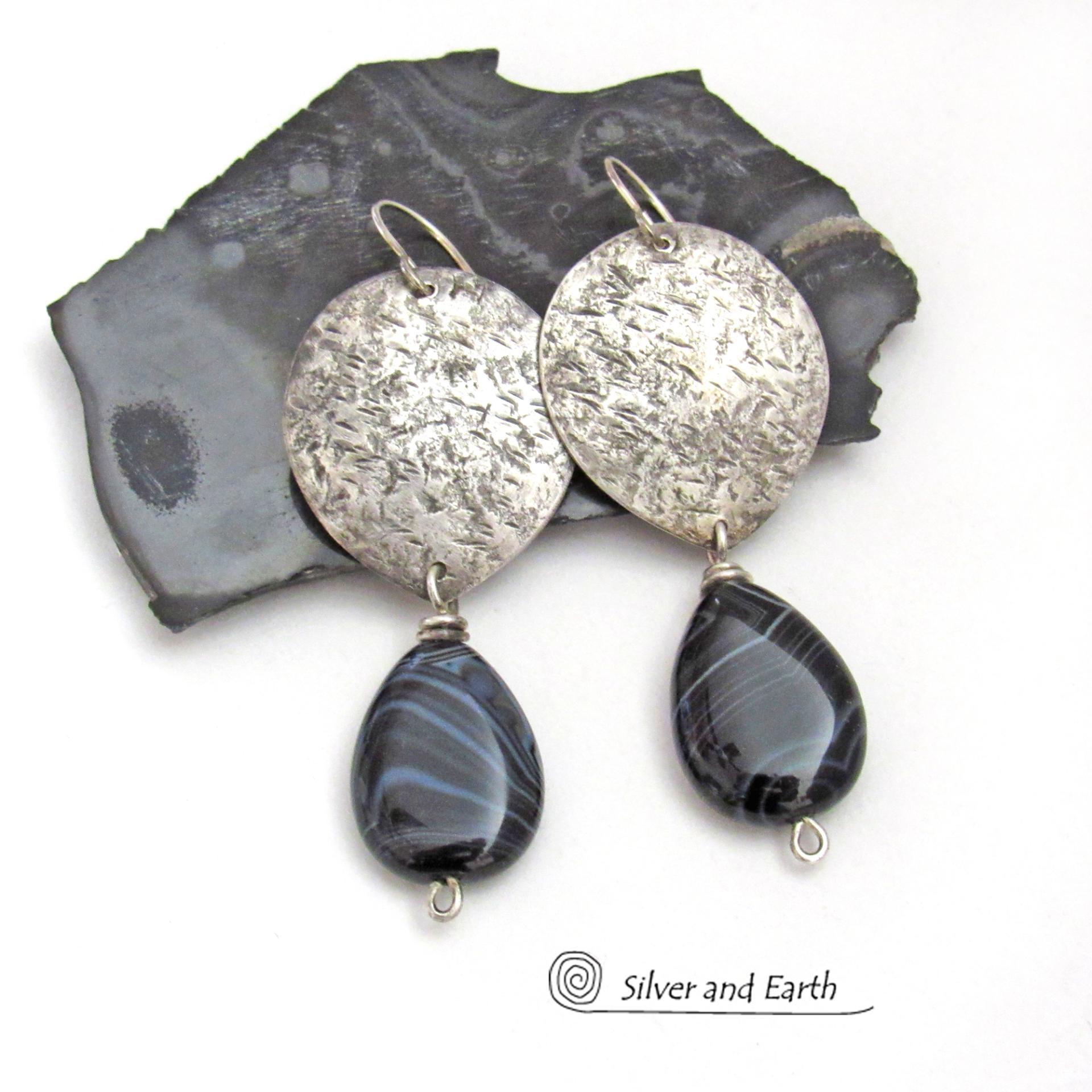 Textured Sterling Silver Earrings with Black Banded Agate Gemstones