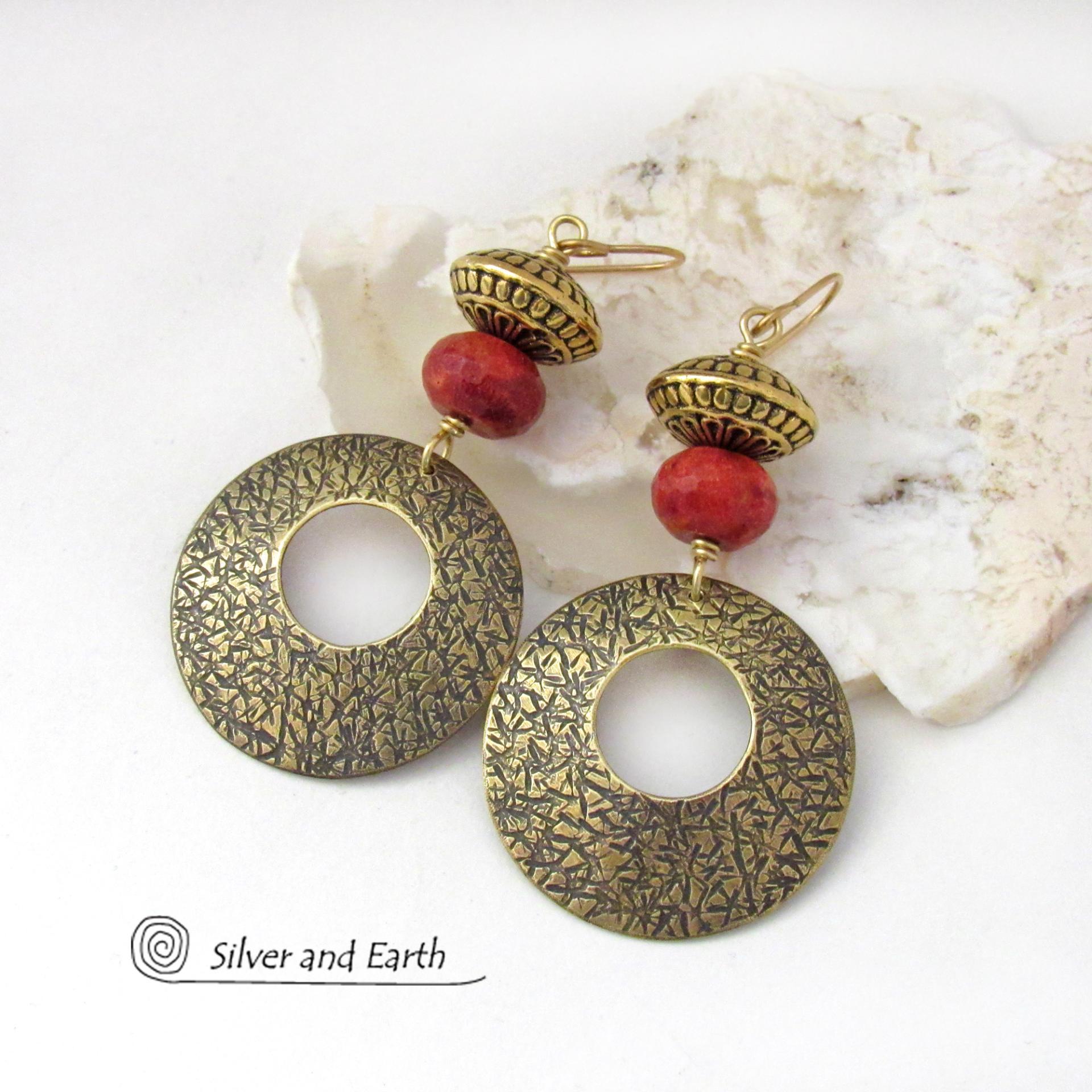 Textured Gold Brass Hoop Earrings with Faceted Red Coral & Brass Tribal Beads - Bold Modern Boho Chic Statement Jewelry 