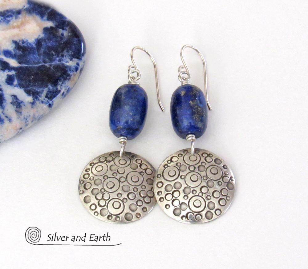 Modern Sterling Silver Earrings with Unique Hand Stamped Texture and Blue Lapis Lazuli Gemstones