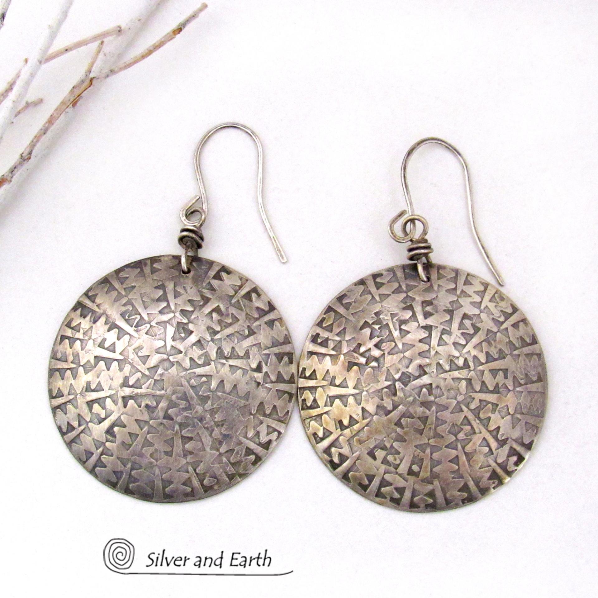 Big Bold Sterling Silver Earrings with Hand Stamped Texture - Artisan Handcrafted Modern Silver Jewelry