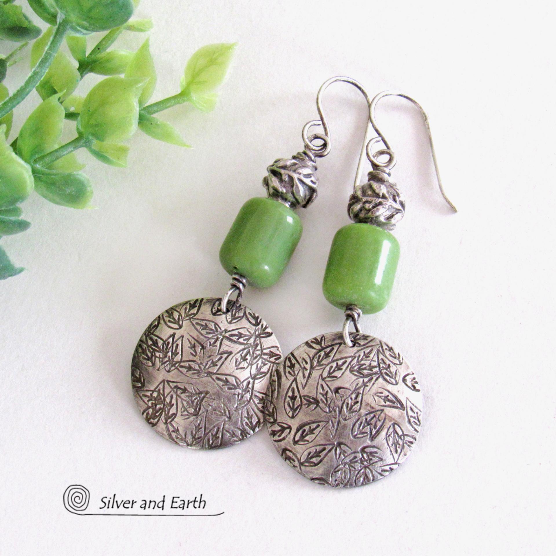 Hand Stamped Sterling Silver Leaf Earrings with Green Serpentine Stones - Unique Earthy Nature Jewelry Gifts for Women