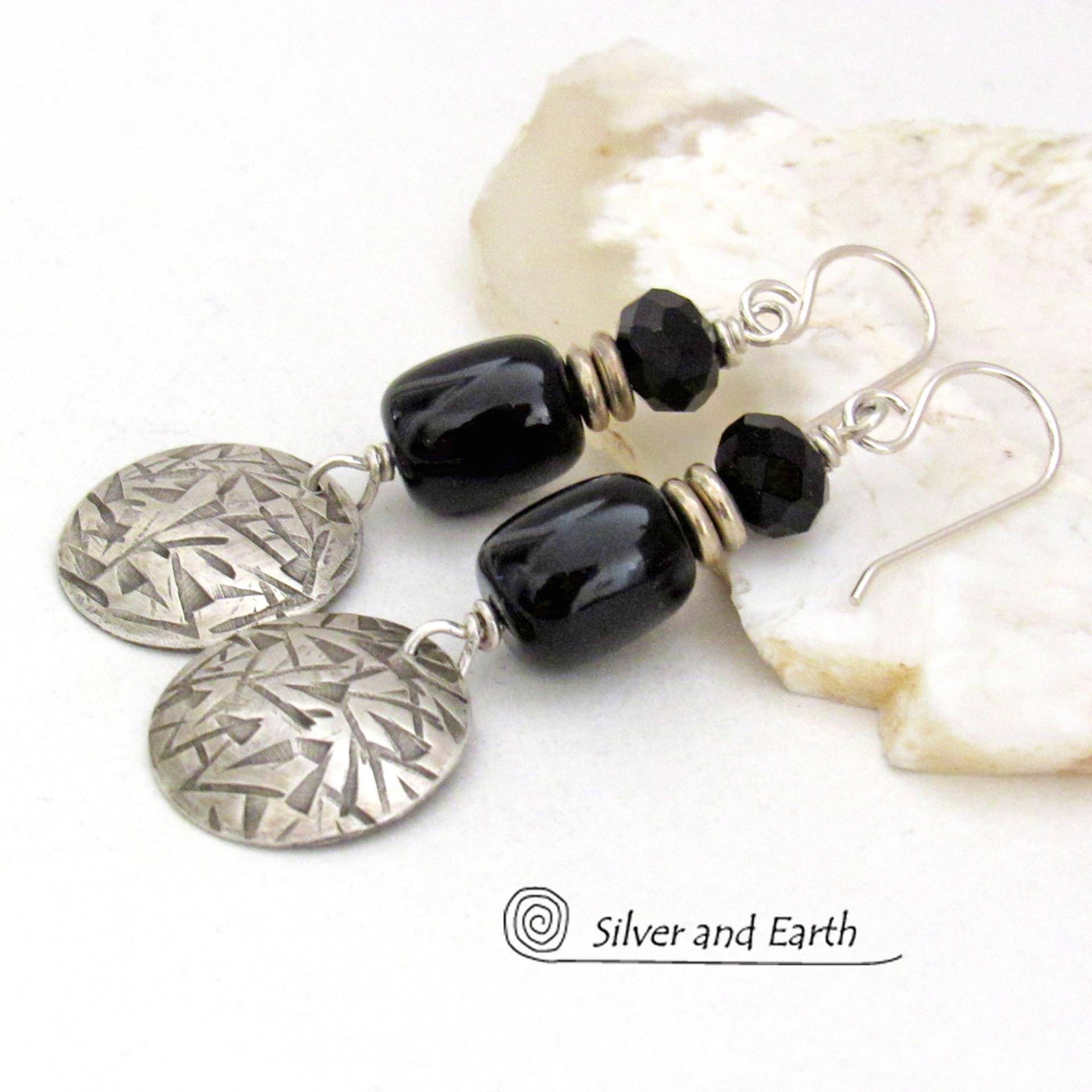 Hand Stamped Sterling Silver Earrings with Black Onyx Gemstones & Faceted Crystal Beads