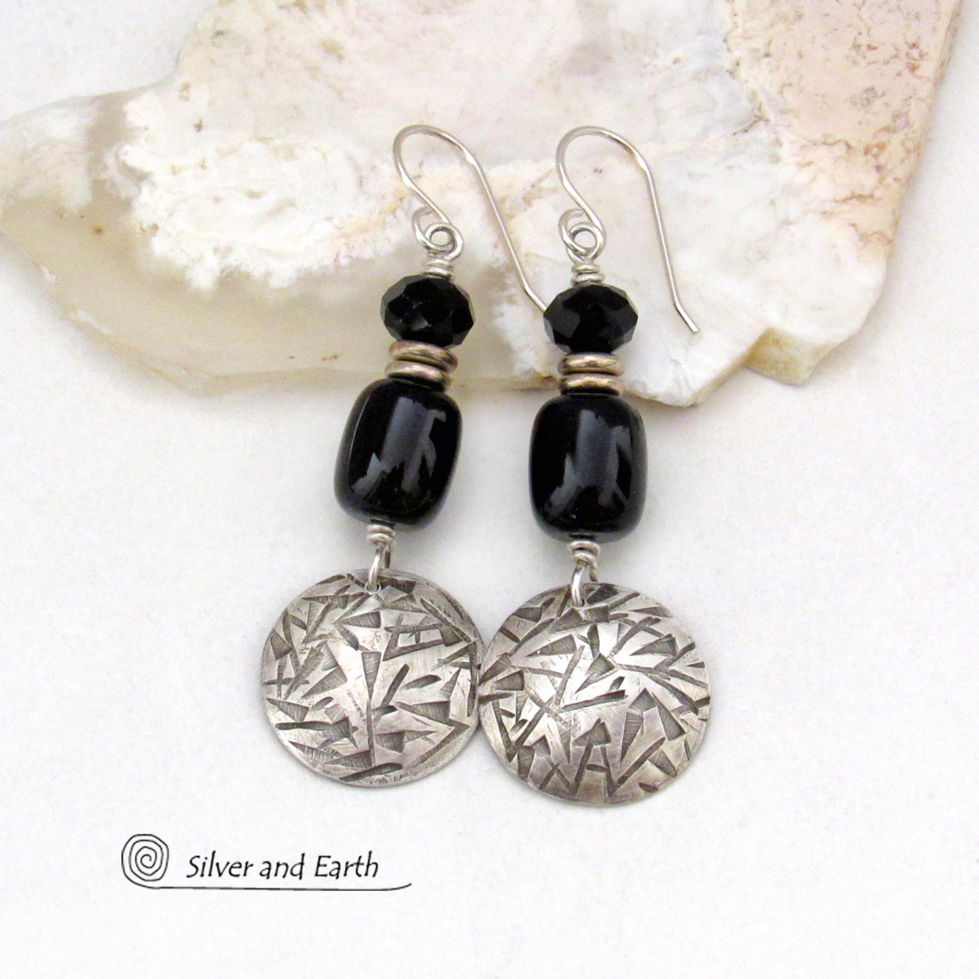 Hand Stamped Sterling Silver Earrings with Black Onyx Gemstones & Faceted Crystal Beads