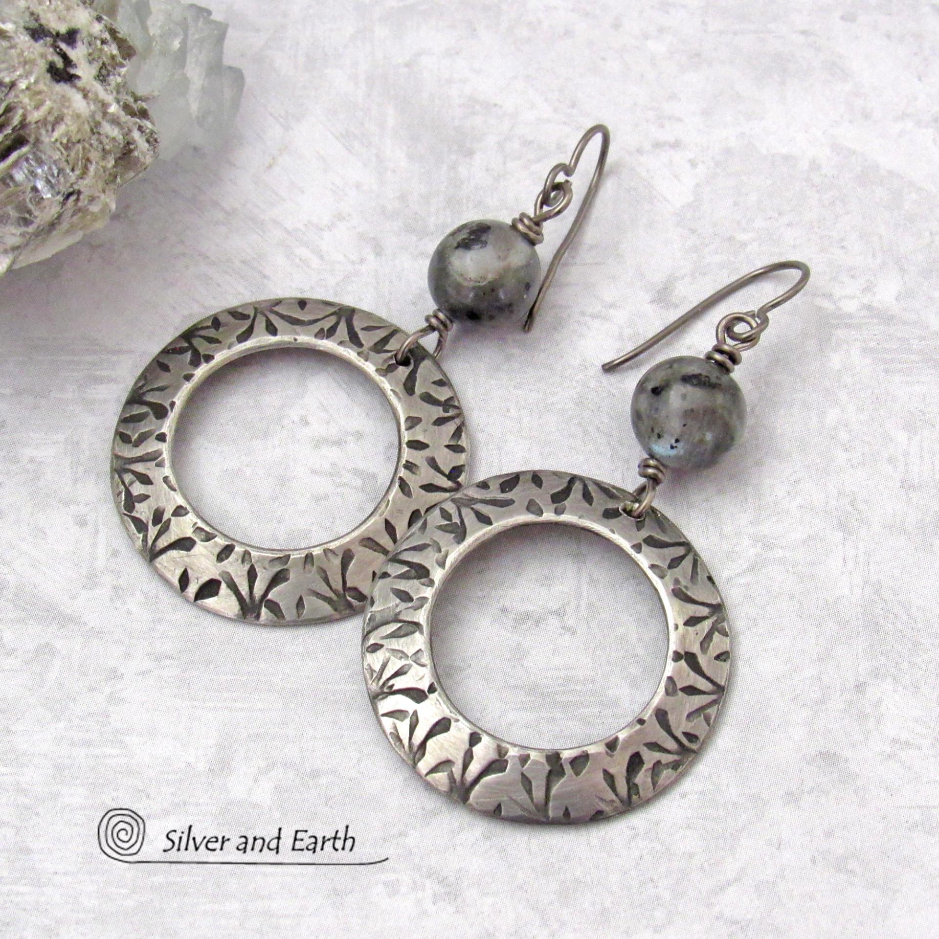 Big Round Silver Pewter Hoop Earrings with Larvikite Gemstones - Black Labradorite Norwegian Moonstone Jewelry