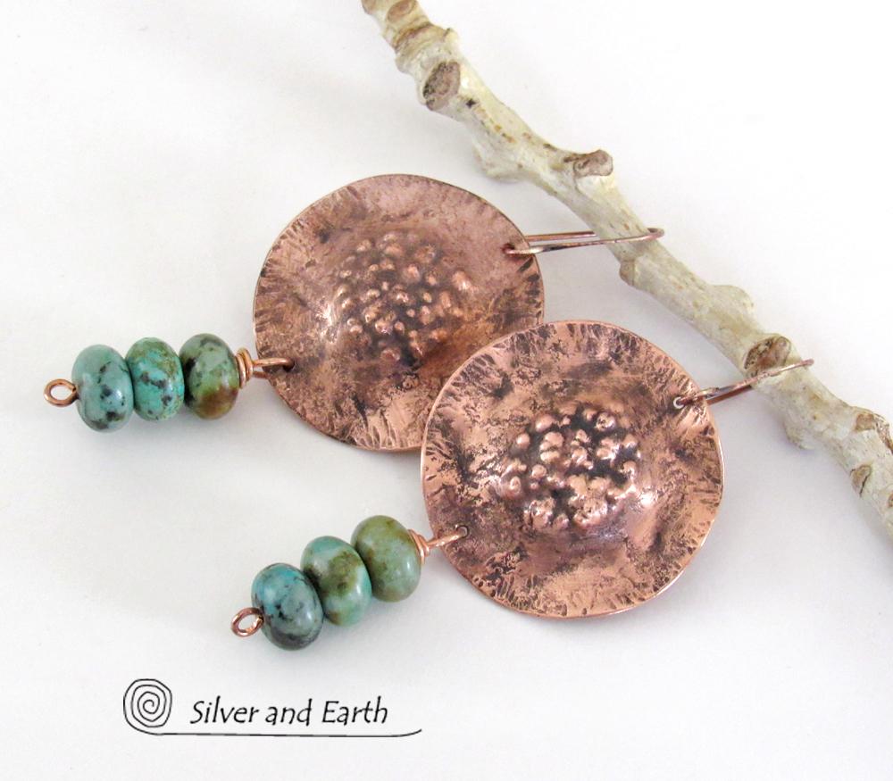 Rustic Copper Earrings with Earthy Organic Texture and Natural African Turquoise Stones