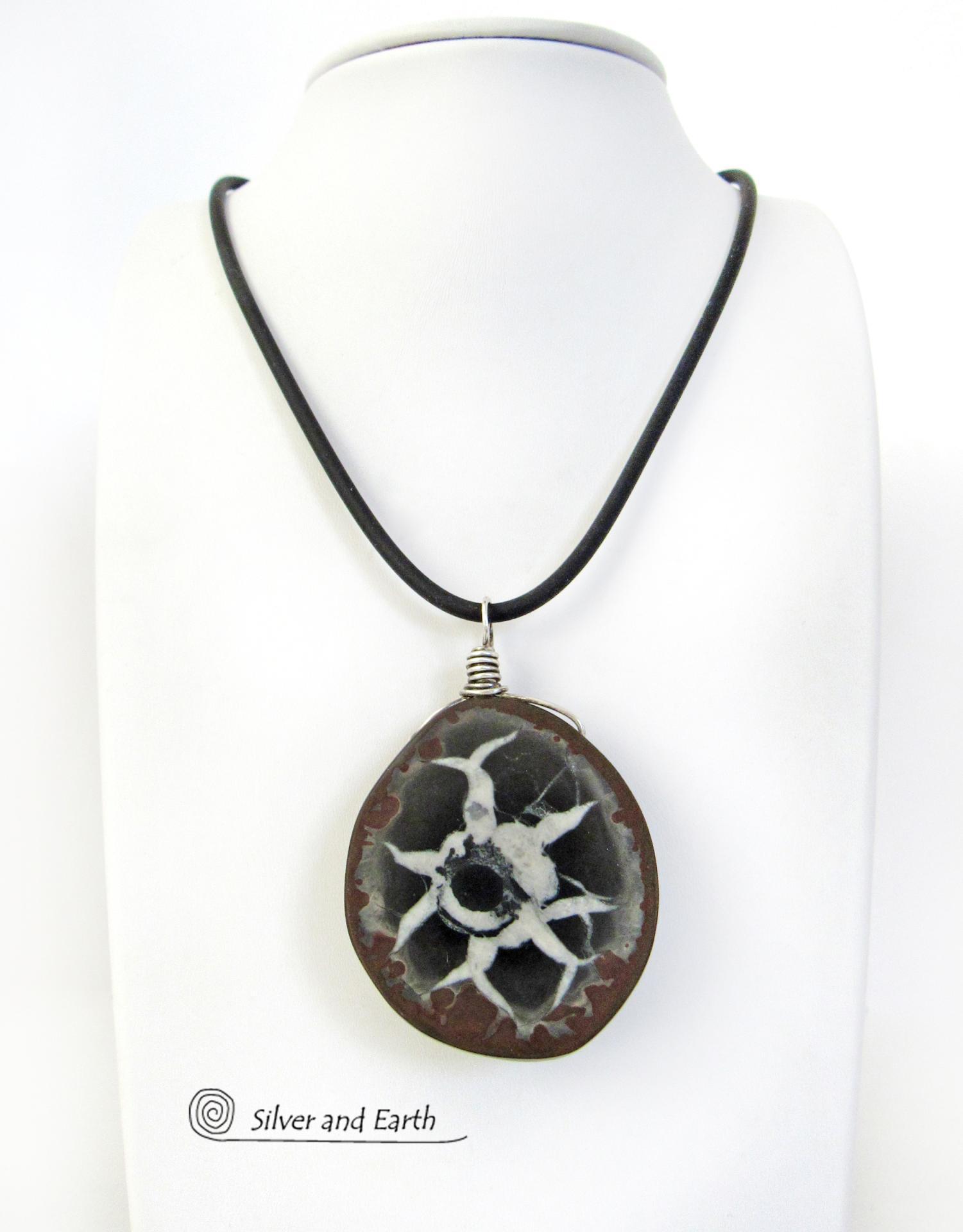 Large Chunky Septarian Fossil Stone Pendant Necklace - Ancient Natural Fossil Jewelry for Men and Women