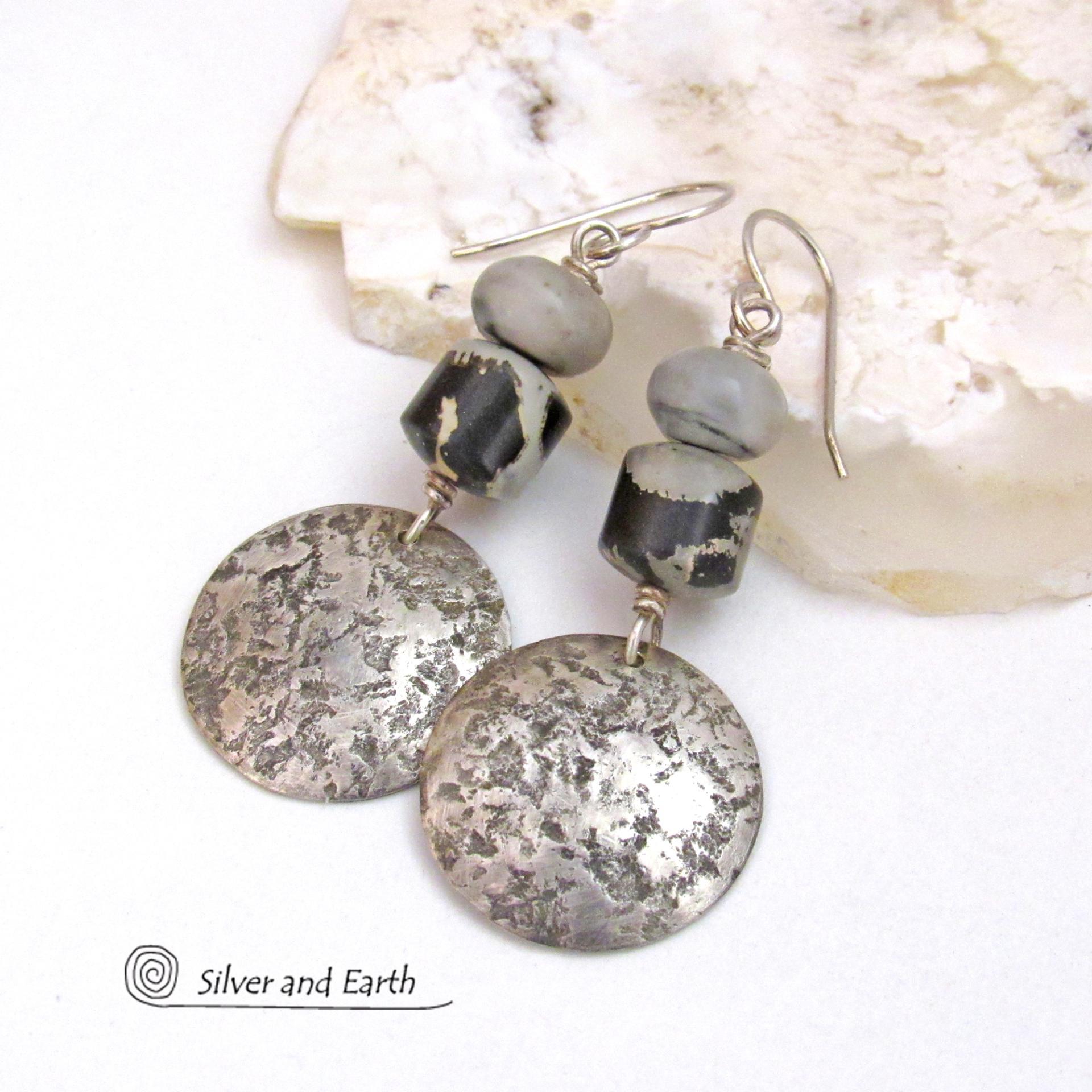 Rustic Hammered Sterling Silver Earrings with Black and Gray Jasper Stones
