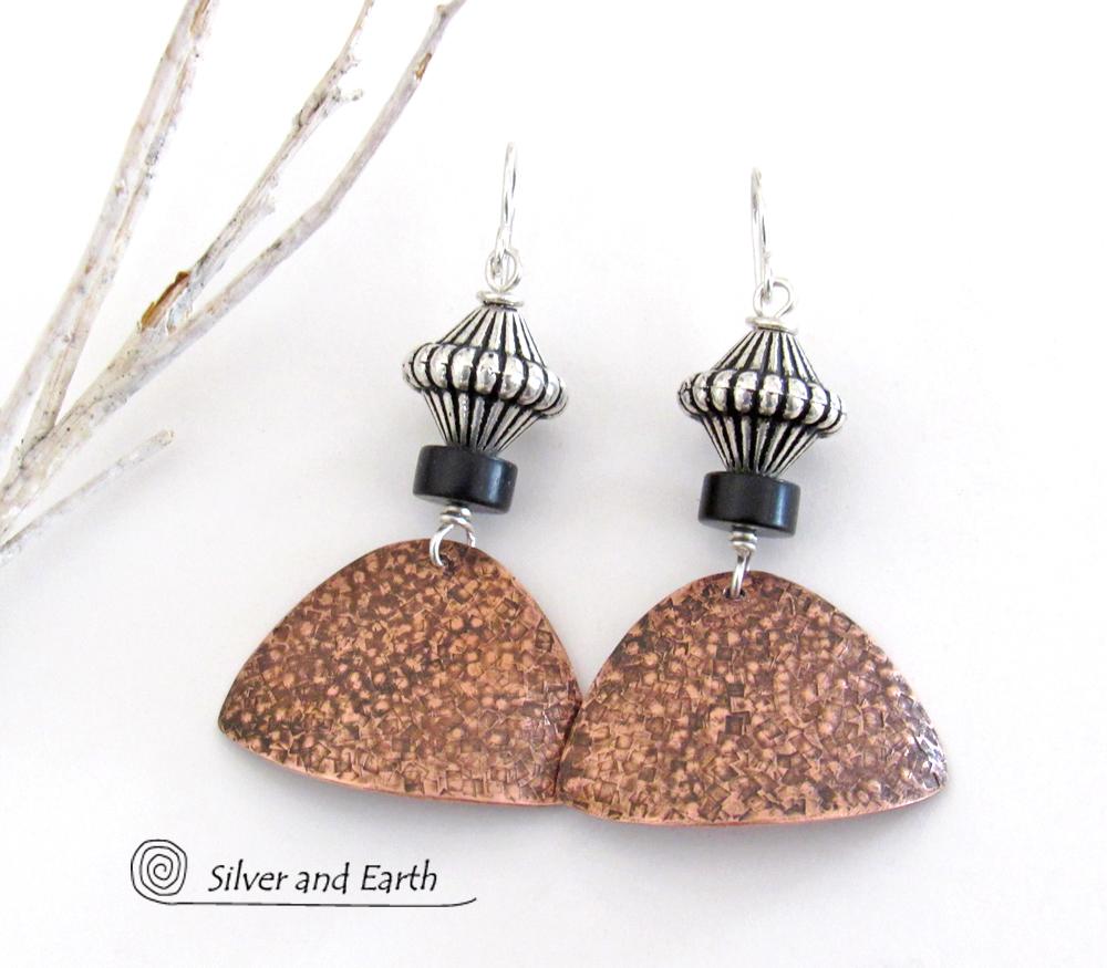 Textured Copper Earrings with Silver Beads & Black Agate Stones - Modern Mixed Metal Jewelry
