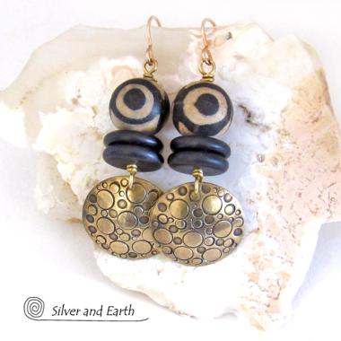 Hand Stamped Gold Brass Tribal Earrings with Tibetan Agate Stones & Black Beads - Bold Ethnic Tribal Jewelry 