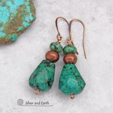 Chunky African Turquoise Stone Earrings with Copper Beads - Modern Boho Earthy Natural Gemstone Jewelry