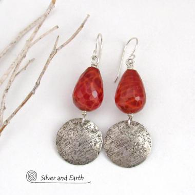 Round Sterling Silver Dangle Earrings with Faceted Orange Fire Agate Gemstones