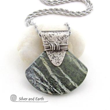 Green Zebra Jasper Sterling Silver Necklace - Unique Natural One of Kind Stone Jewelry