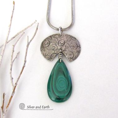 Green Malachite Gemstone Sterling Silver Necklace - Unique One of a Kind Modern Natural Stone Jewelry