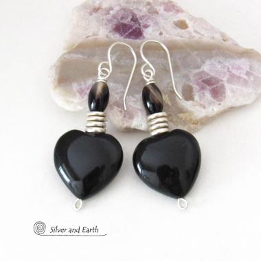 Black Onyx Gemstone Heart Earrings on Sterling Silver Ear Wires - 7th Anniversary Gift for Wife - Mother's Day Jewelry Gift