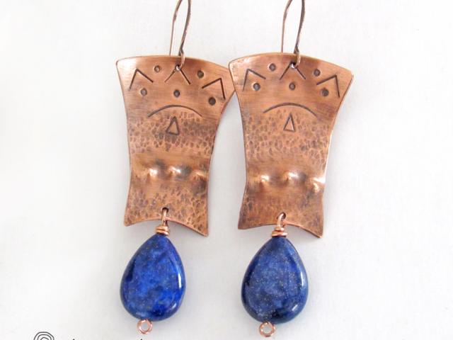 Copper Egyptian Earrings with Lapis Lazuli Gemstones - Bold Exotic Jewelry