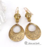 Gold Brass Hoop Earrings with Tribal Beads - Modern Chic Jewelry