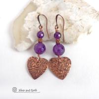 These handcrafted copper heart dangle earrings have a hand stamped texture and are accented with a stack of genuine purple amethyst gemstones with a faceted finish and tiny copper beads. Modern, classic and elegant - the style is always in fashion. They'll make the perfect gift for someone special - a wonderful way to say "I love you" on Valentine's Day or any day! They'll also make a great gift for someone with a February birthday or 6th anniversary gift - amethyst is the gemstone for either occasion. 