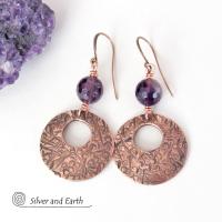 Copper Hoop Earrings with Faceted Purple Amethyst Gemstones - February Birthstone Jewelry - 6th or 7th Anniversary Gift for Wife