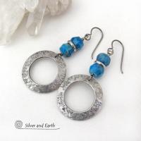 Silver Pewter Circle Hoop Earrings with Faceted Blue Apatite Gemstones