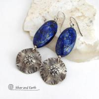 Sterling Silver Dangle Earrings with Large Blue Lapis Lazuli Gemstones - Artisan Handmade Bold Modern Statement Jewelry